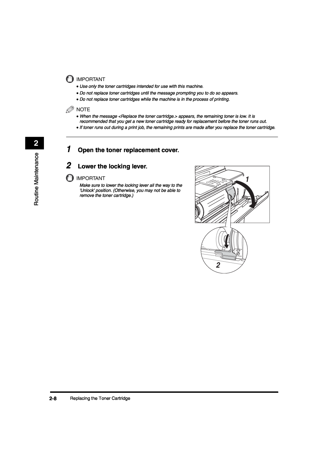 Canon iR6570 manual Open the toner replacement cover 2 Lower the locking lever, Replacing the Toner Cartridge 