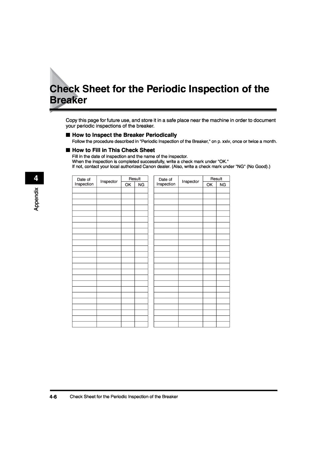 Canon iR6570 manual Check Sheet for the Periodic Inspection of the Breaker, How to Inspect the Breaker Periodically 