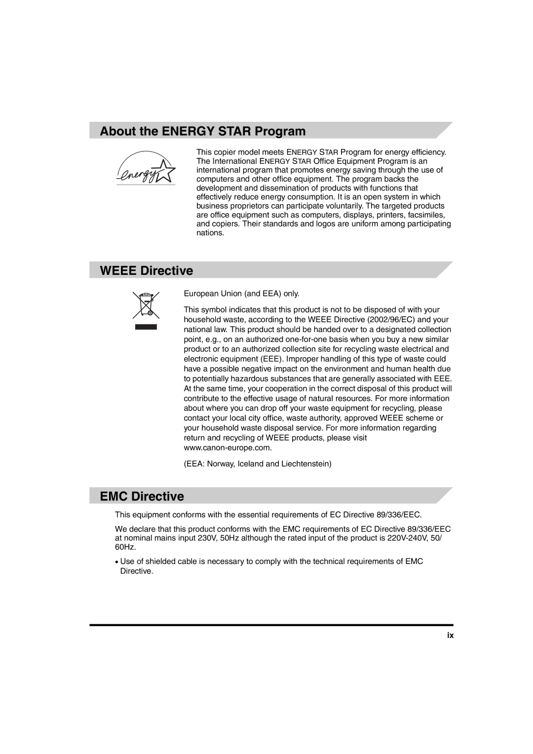 Canon iR6570 manual About the Energy Star Program, Weee Directive, EMC Directive 