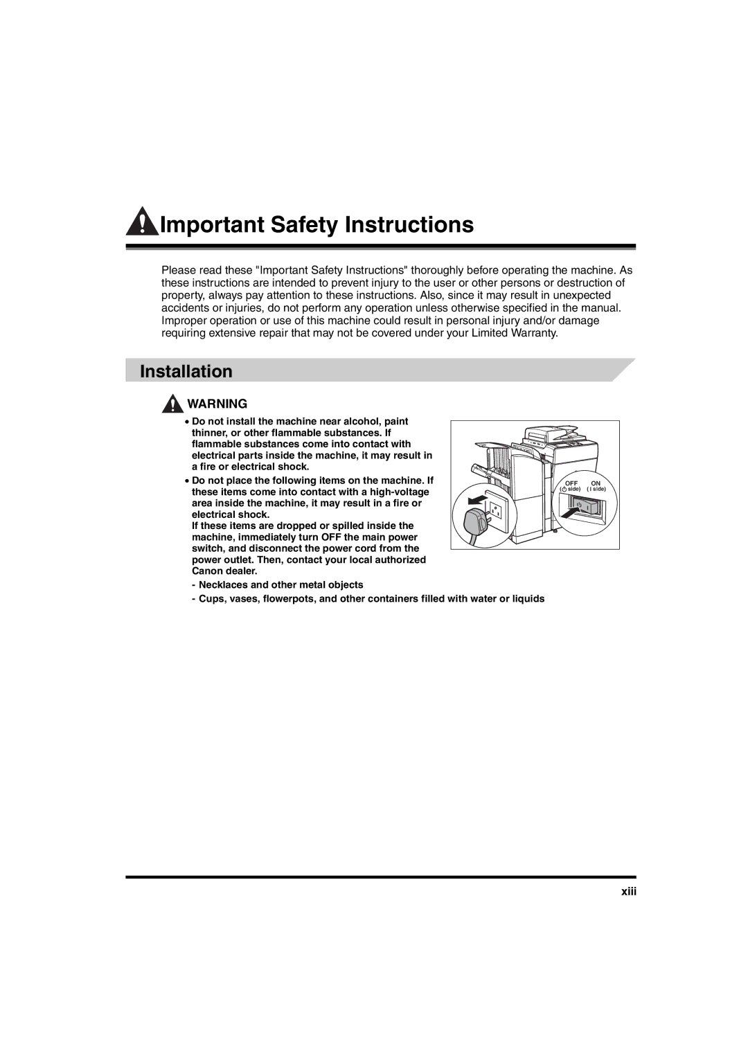 Canon iR6570 manual Important Safety Instructions, Installation, Xiii 