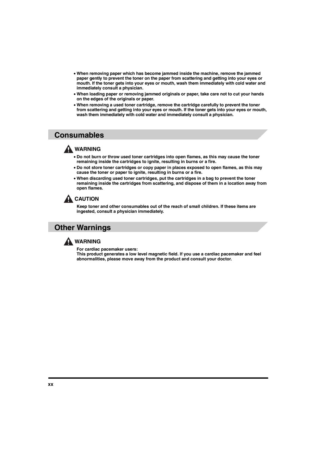 Canon iR6570 manual Consumables, Other Warnings 