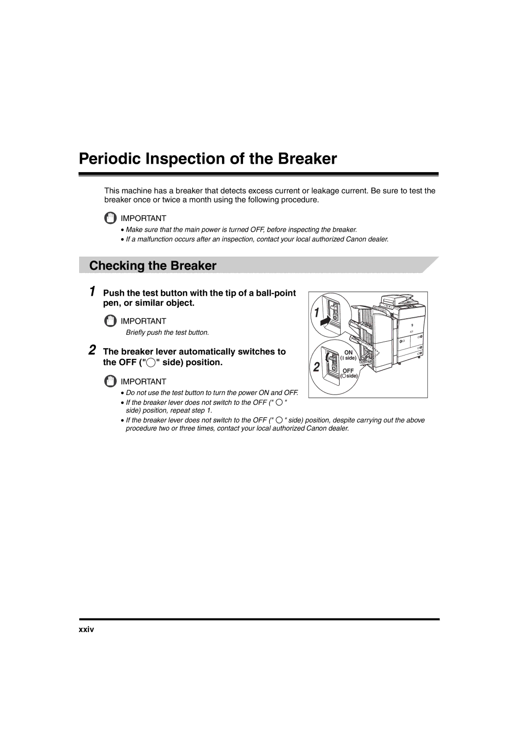 Canon iR6570 manual Periodic Inspection of the Breaker, Checking the Breaker, Xxiv 