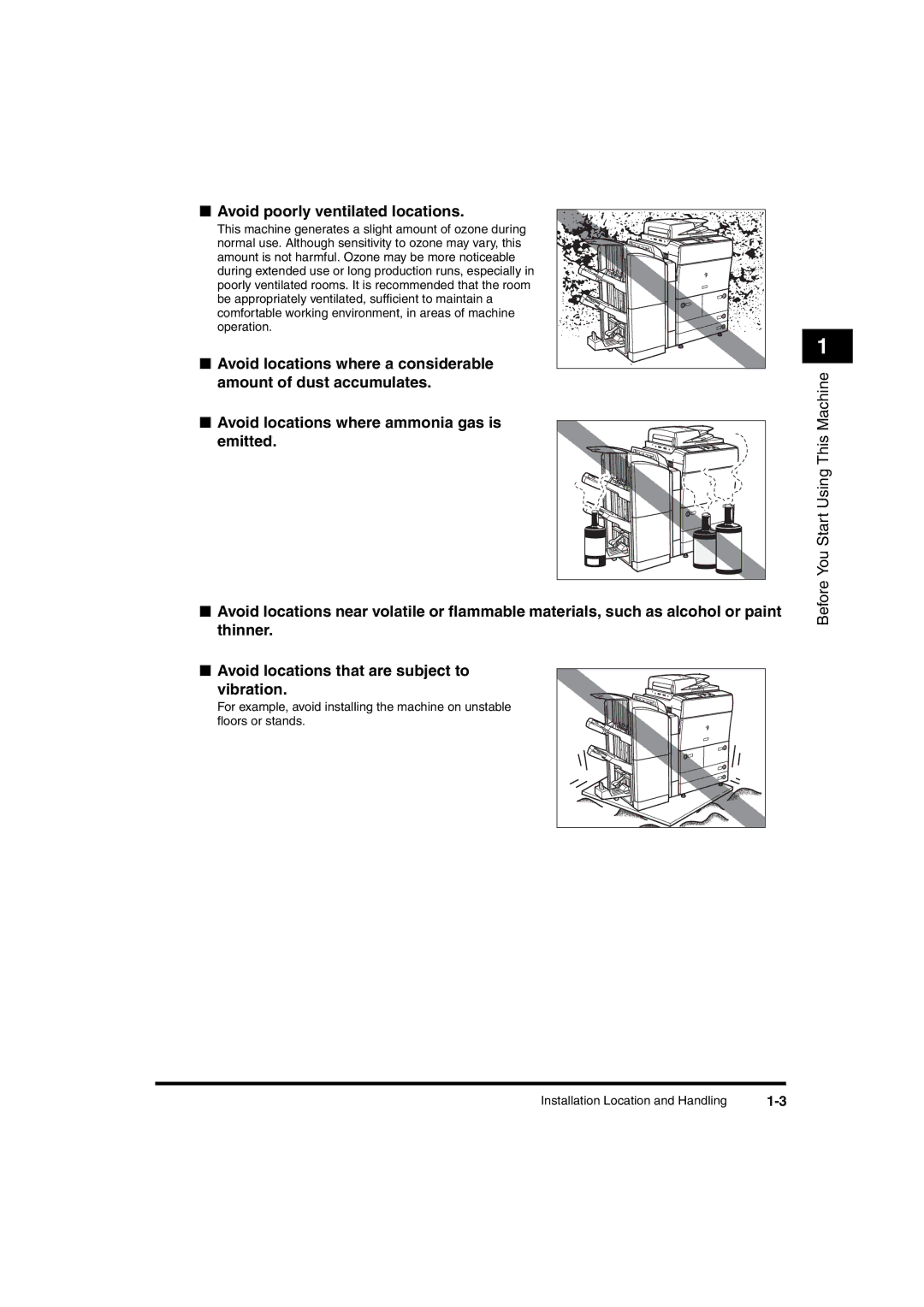 Canon iR6570 Avoid poorly ventilated locations, Avoid locations where a considerable, Avoid locations where ammonia gas is 