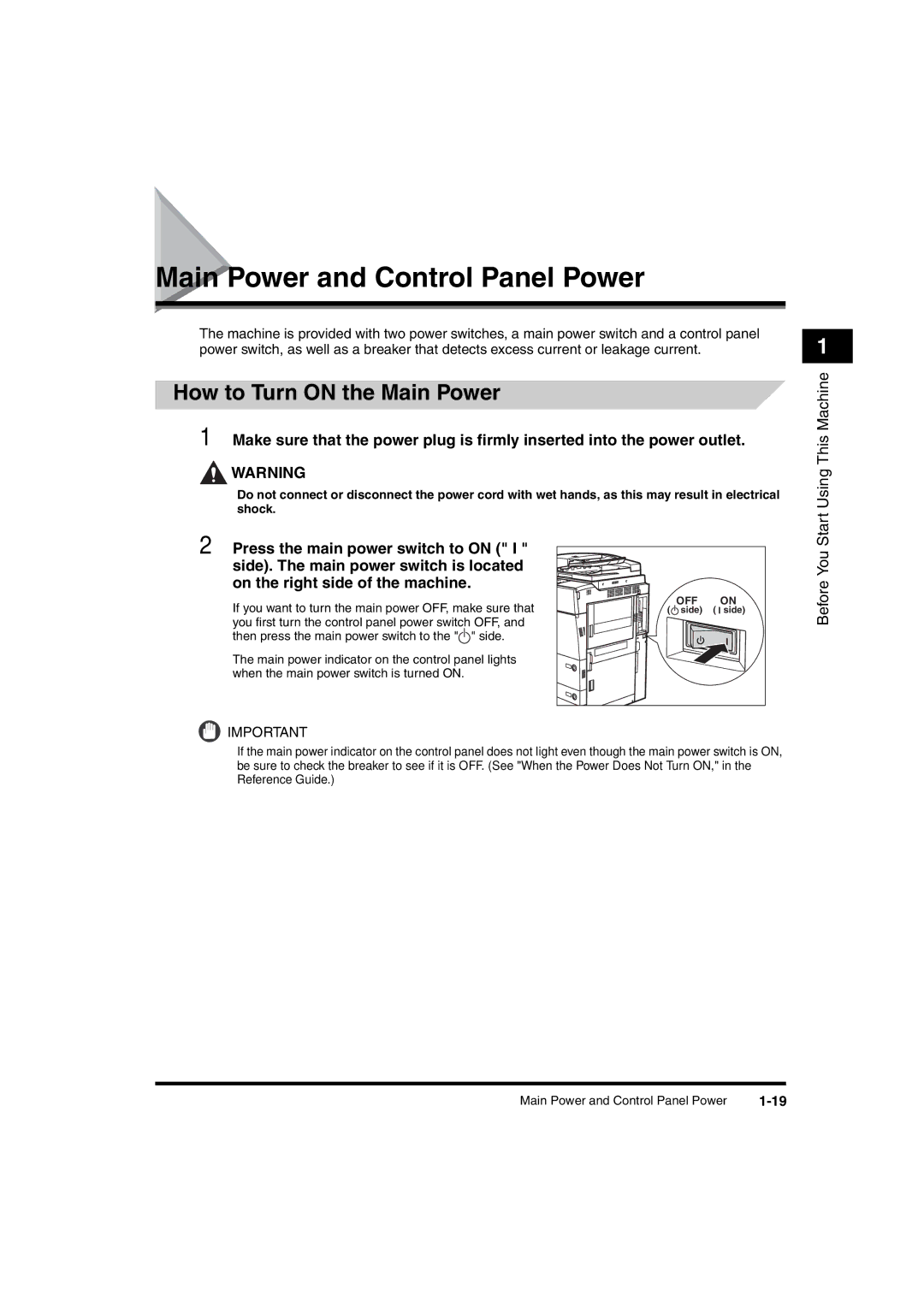 Canon iR6570 manual Main Power and Control Panel Power, How to Turn on the Main Power 