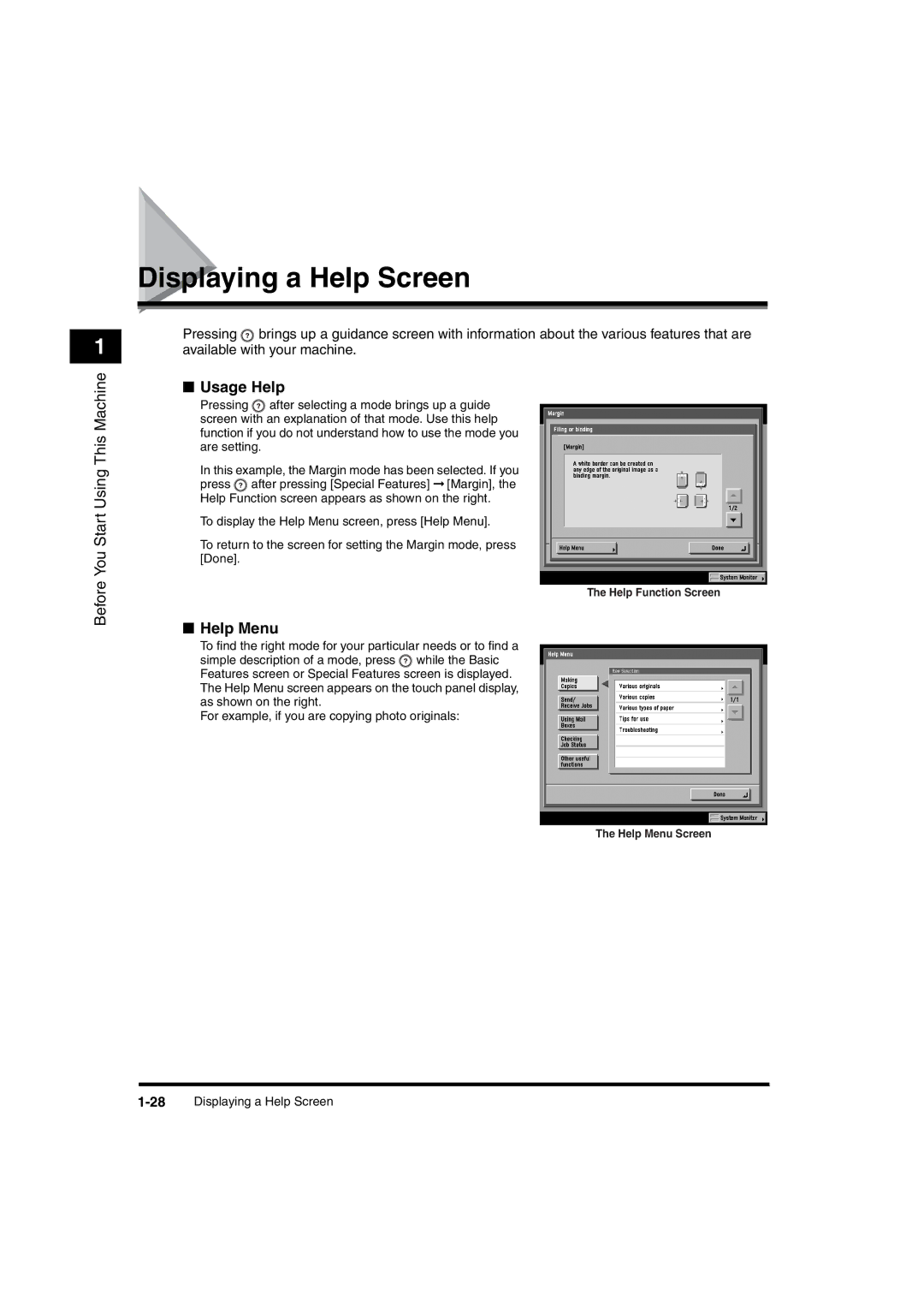 Canon iR6570 manual Displaying a Help Screen, Usage Help, Help Menu 