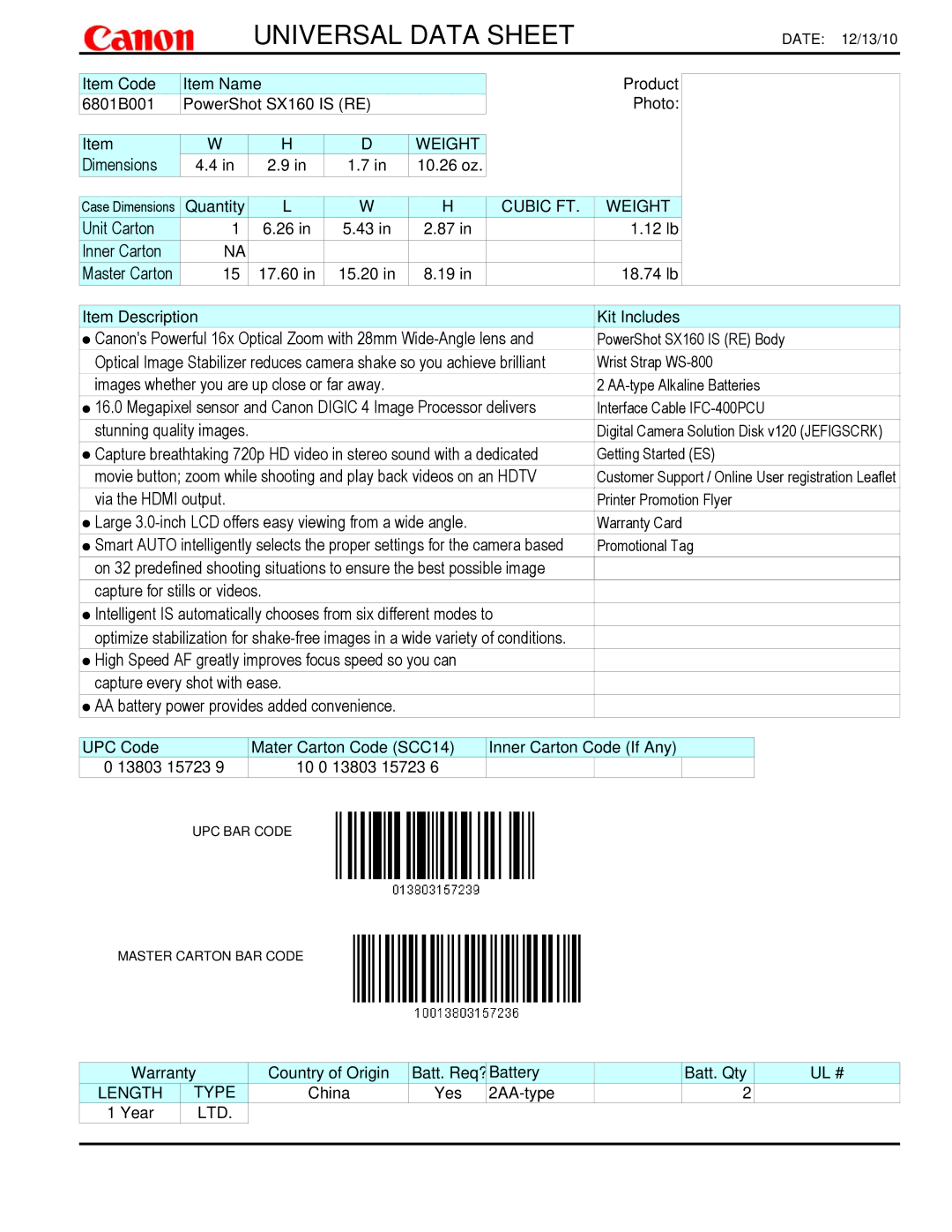 Canon 6801B001 dimensions Universal Data Sheet 