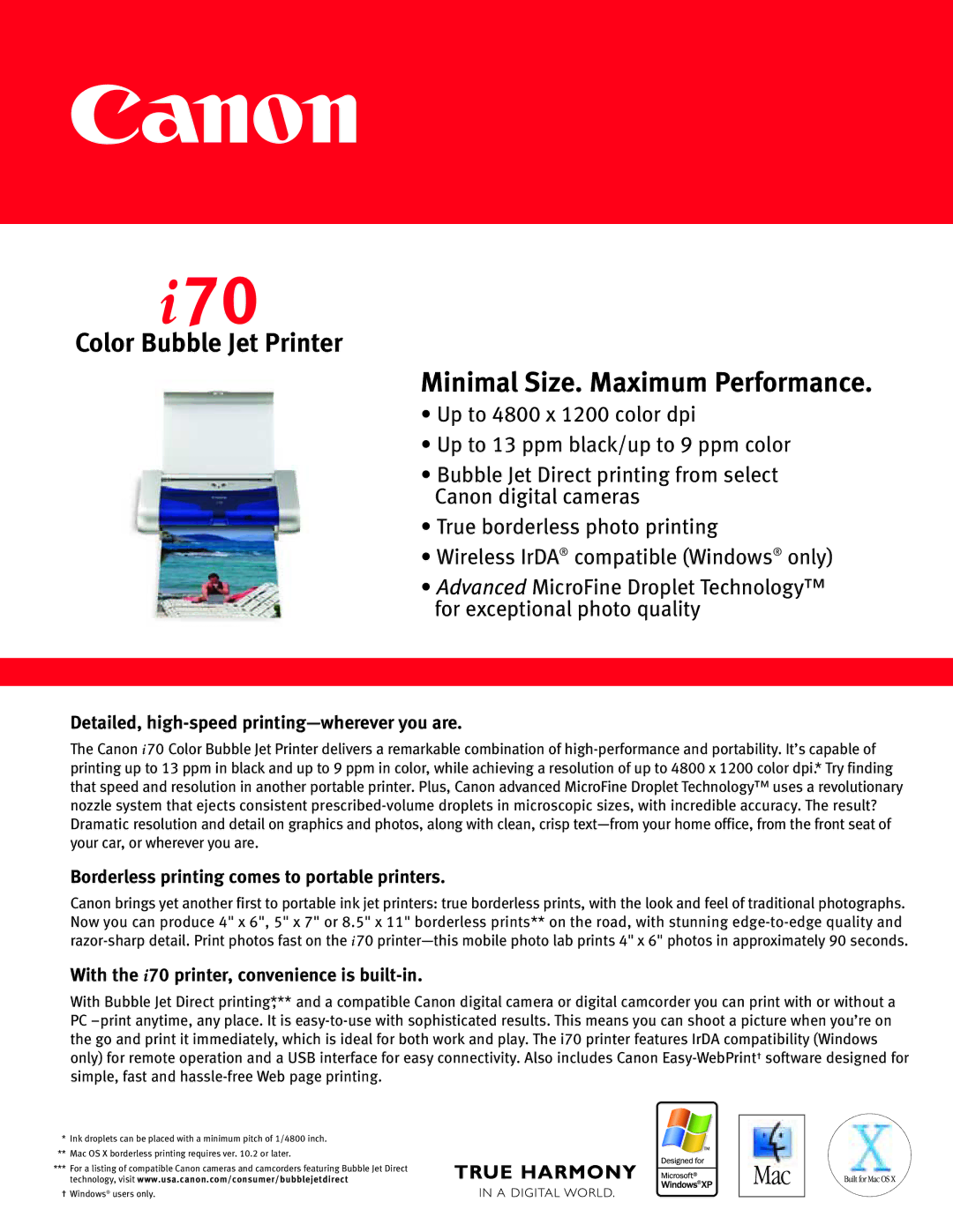 Canon 70 manual Detailed, high-speed printing-wherever you are, Borderless printing comes to portable printers 