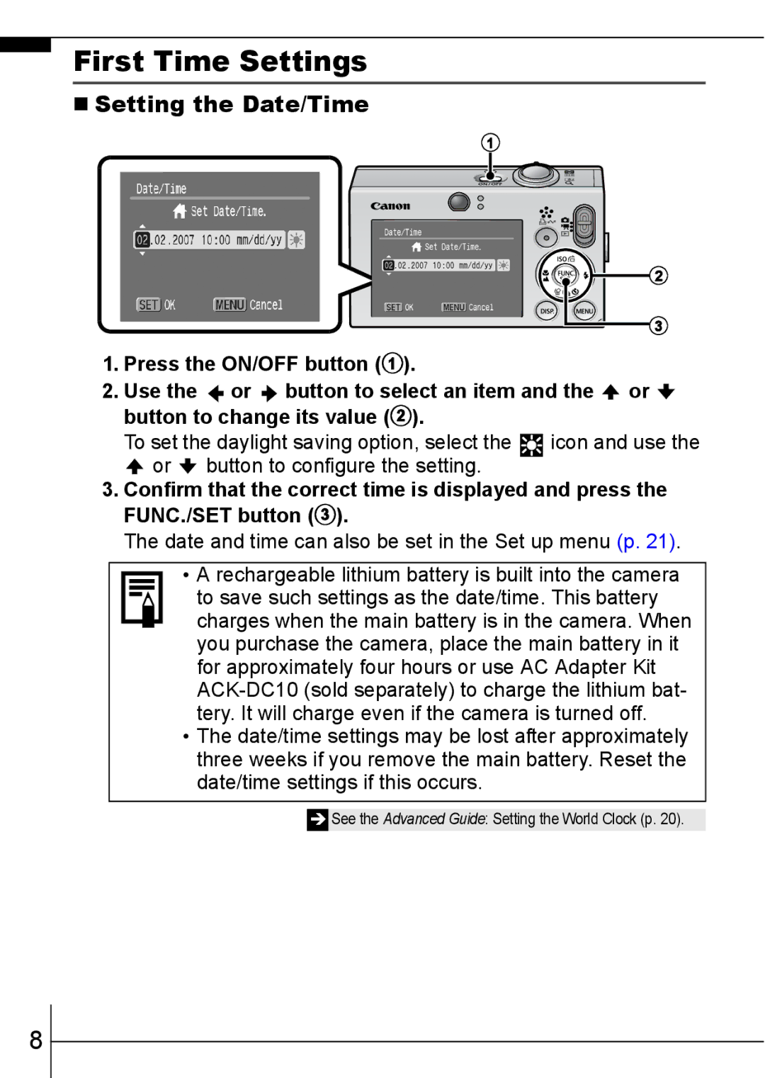 Canon 70 manual First Time Settings, „ Setting the Date/Time 