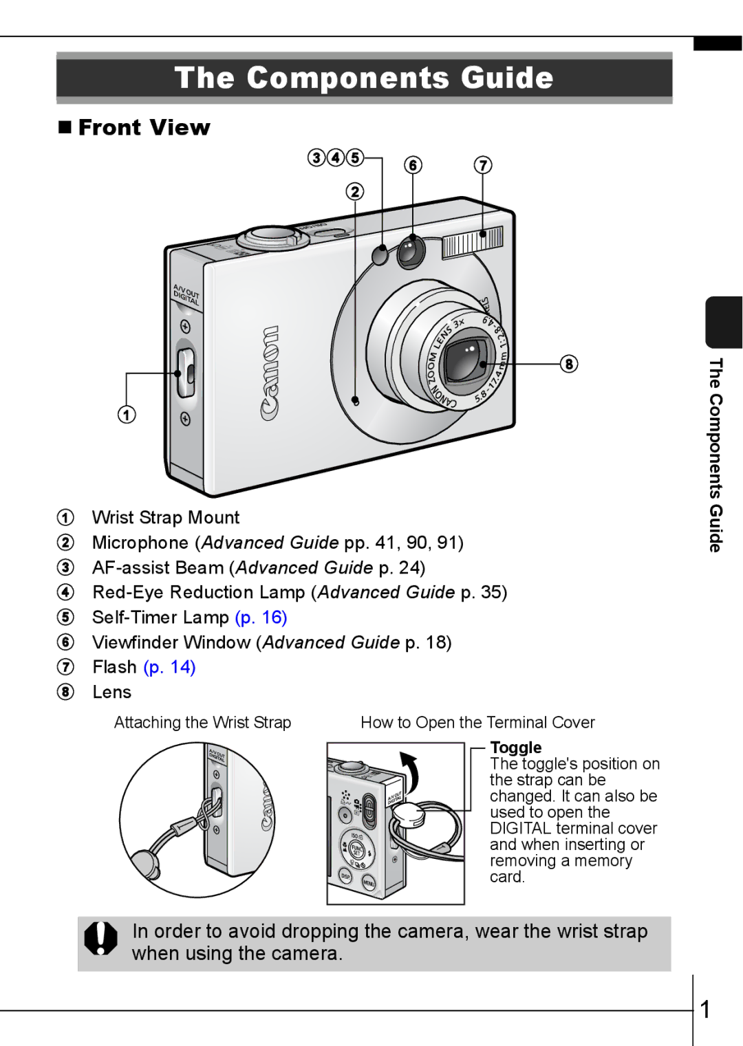 Canon 70 manual Components Guide, „ Front View, Cde f g b 