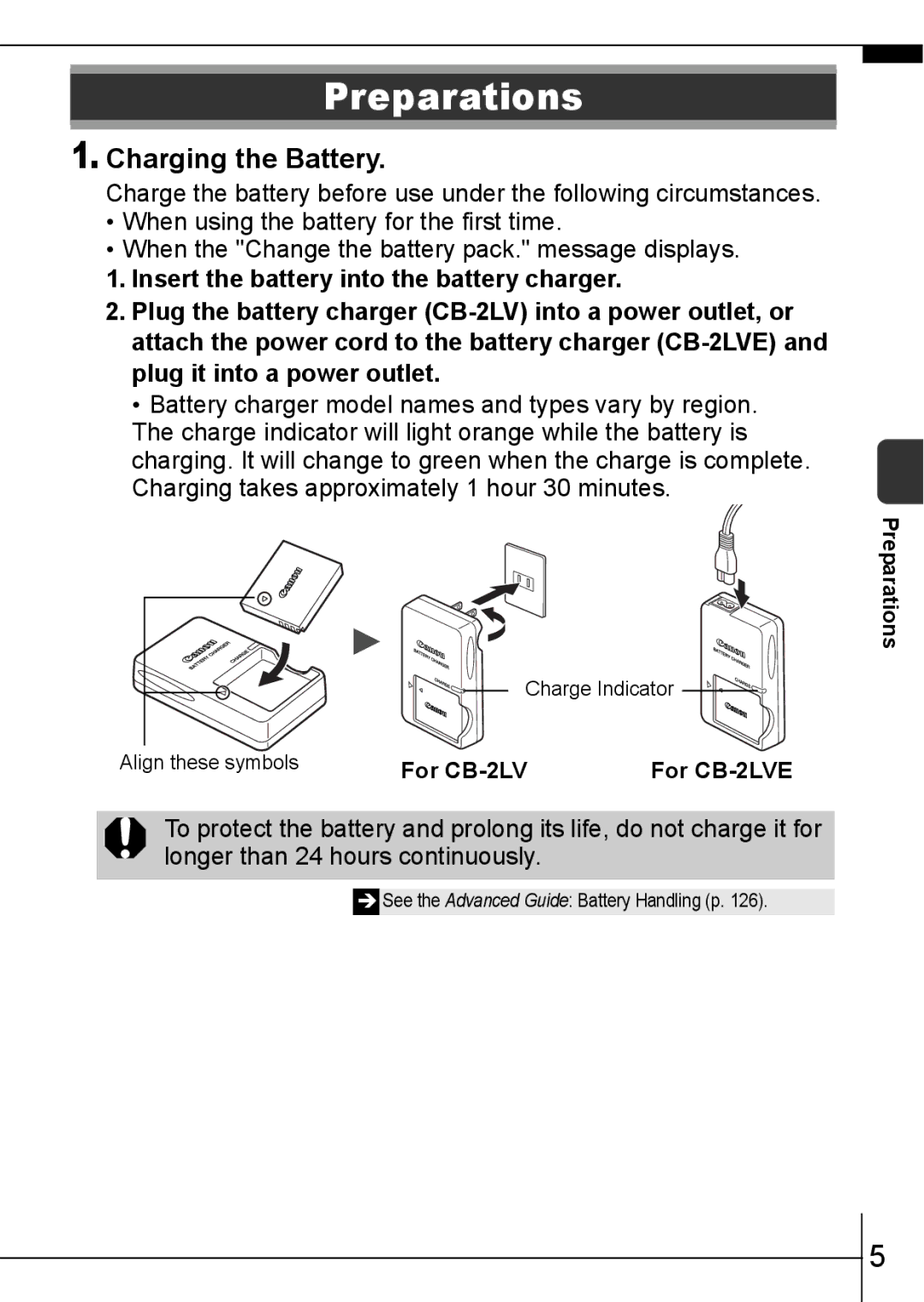 Canon 70 manual Preparations, Charging the Battery, For CB-2LV 