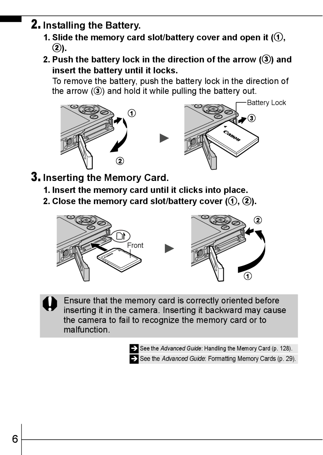 Canon 70 manual Installing the Battery, Inserting the Memory Card 