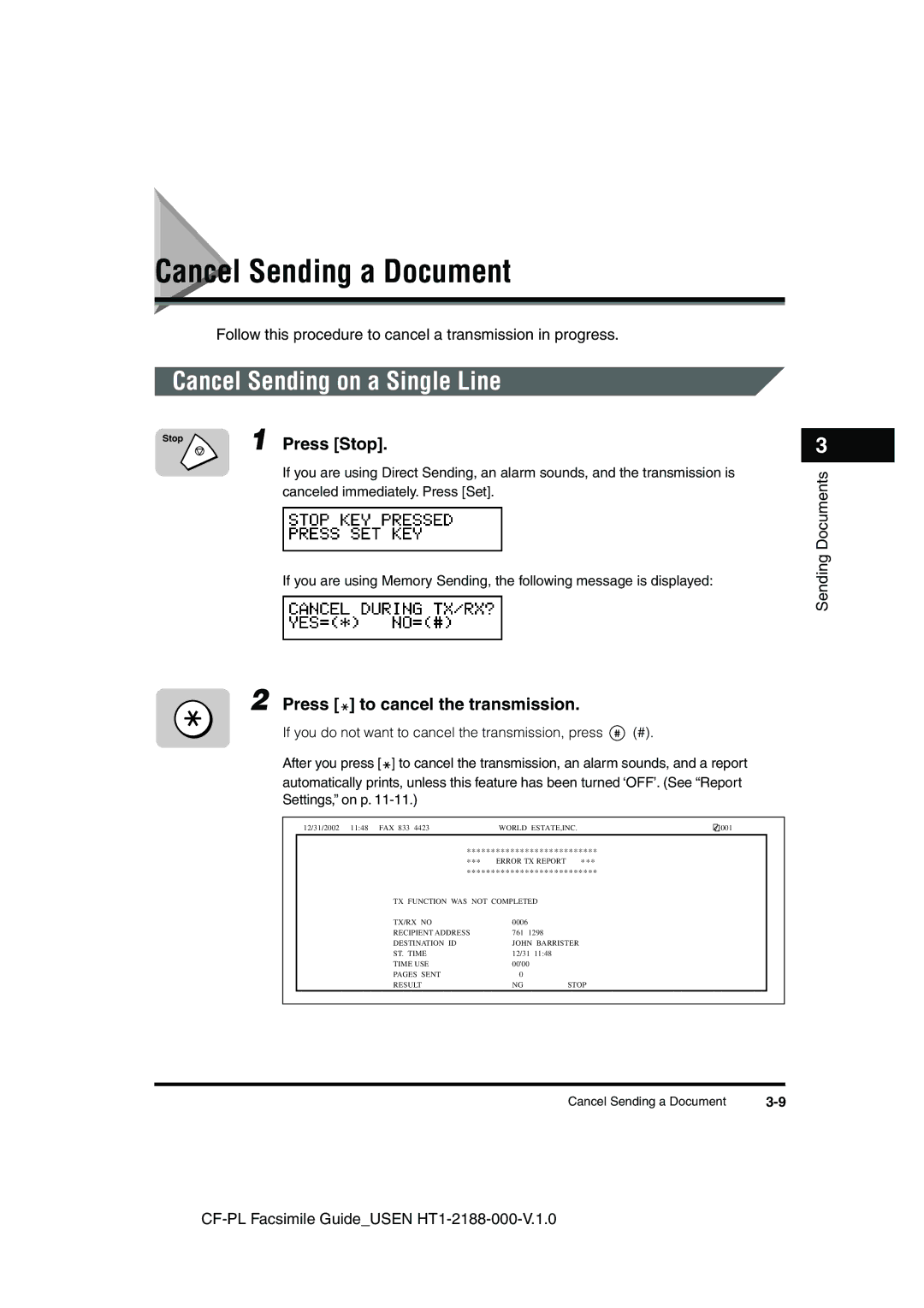 Canon 700 manual Cancel Sending a Document, Cancel Sending on a Single Line, Press Stop, Press to cancel the transmission 