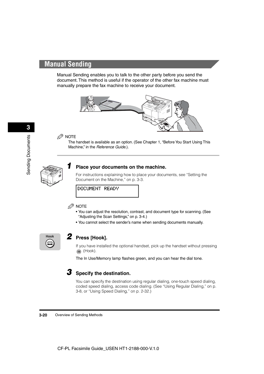 Canon 700 manual Manual Sending, Press Hook 