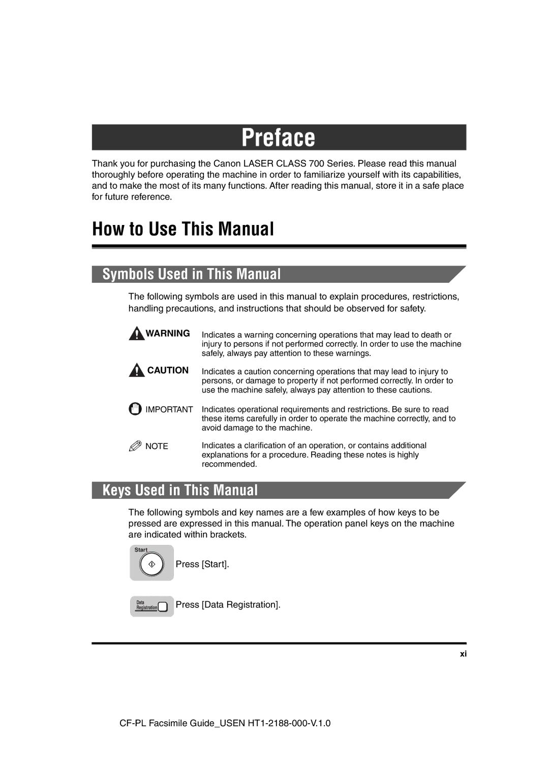 Canon 700 manual How to Use This Manual, Symbols Used in This Manual, Keys Used in This Manual, Press Data Registration 