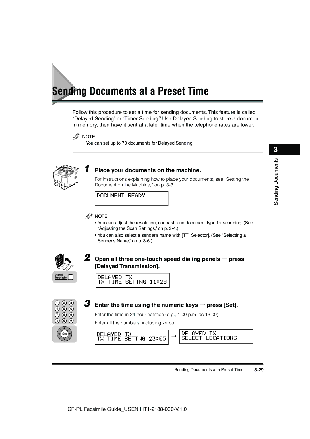 Canon 700 manual Sending Documents at a Preset Time, Enter the time in 24-hour notation e.g., 100 p.m. as 