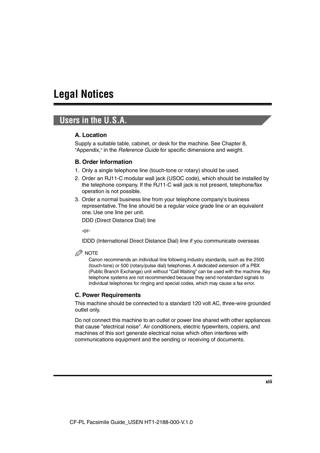 Canon 700 manual Legal Notices, Users in the U.S.A, Location, Order Information, Power Requirements 