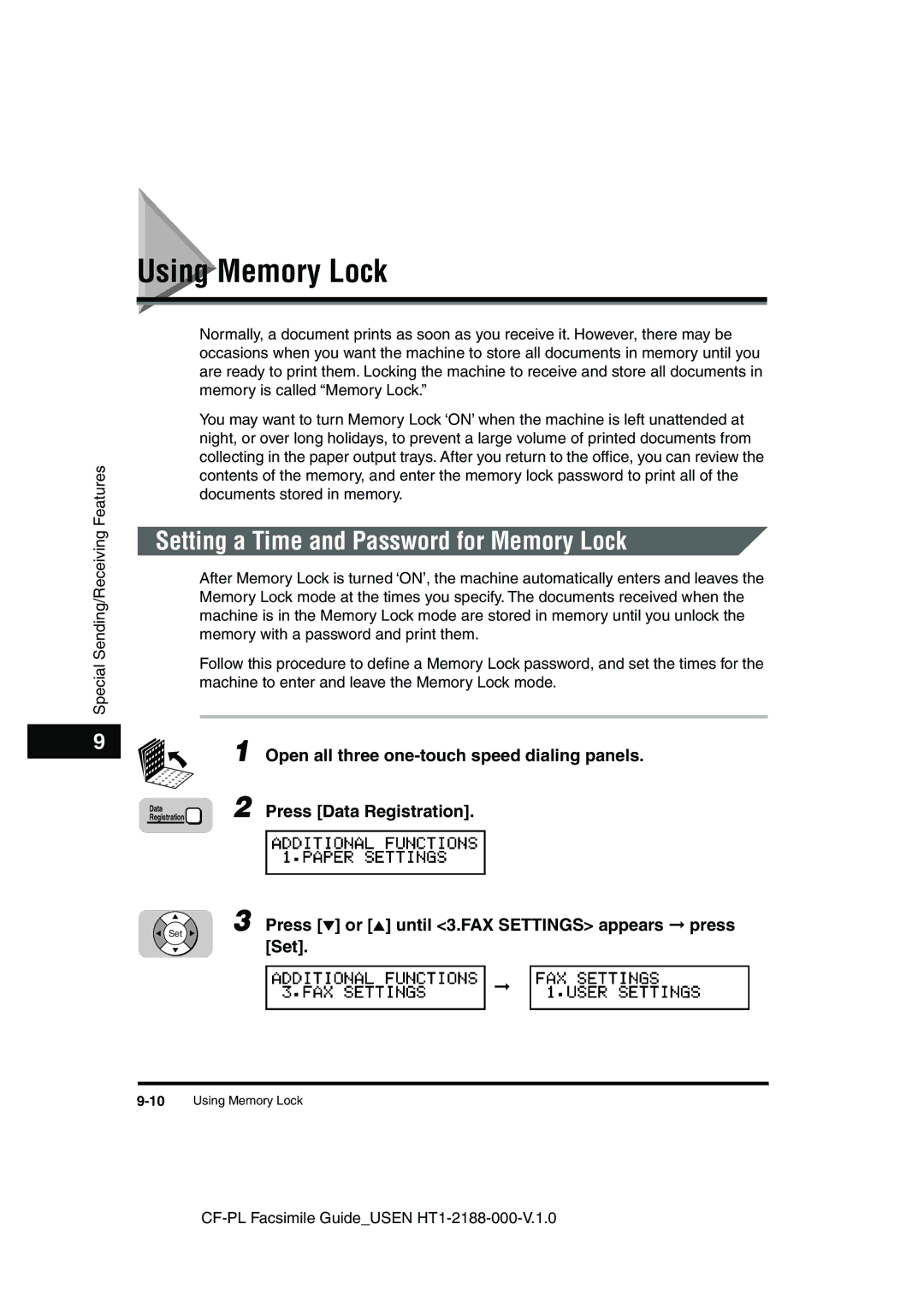 Canon 700 Using Memory Lock, Setting a Time and Password for Memory Lock, Press or until 3.FAX Settings appears press Set 