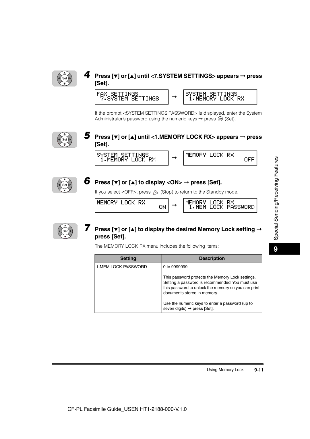 Canon 700 manual Press or until 7.SYSTEM Settings appears press Set, MEM Lock Password 