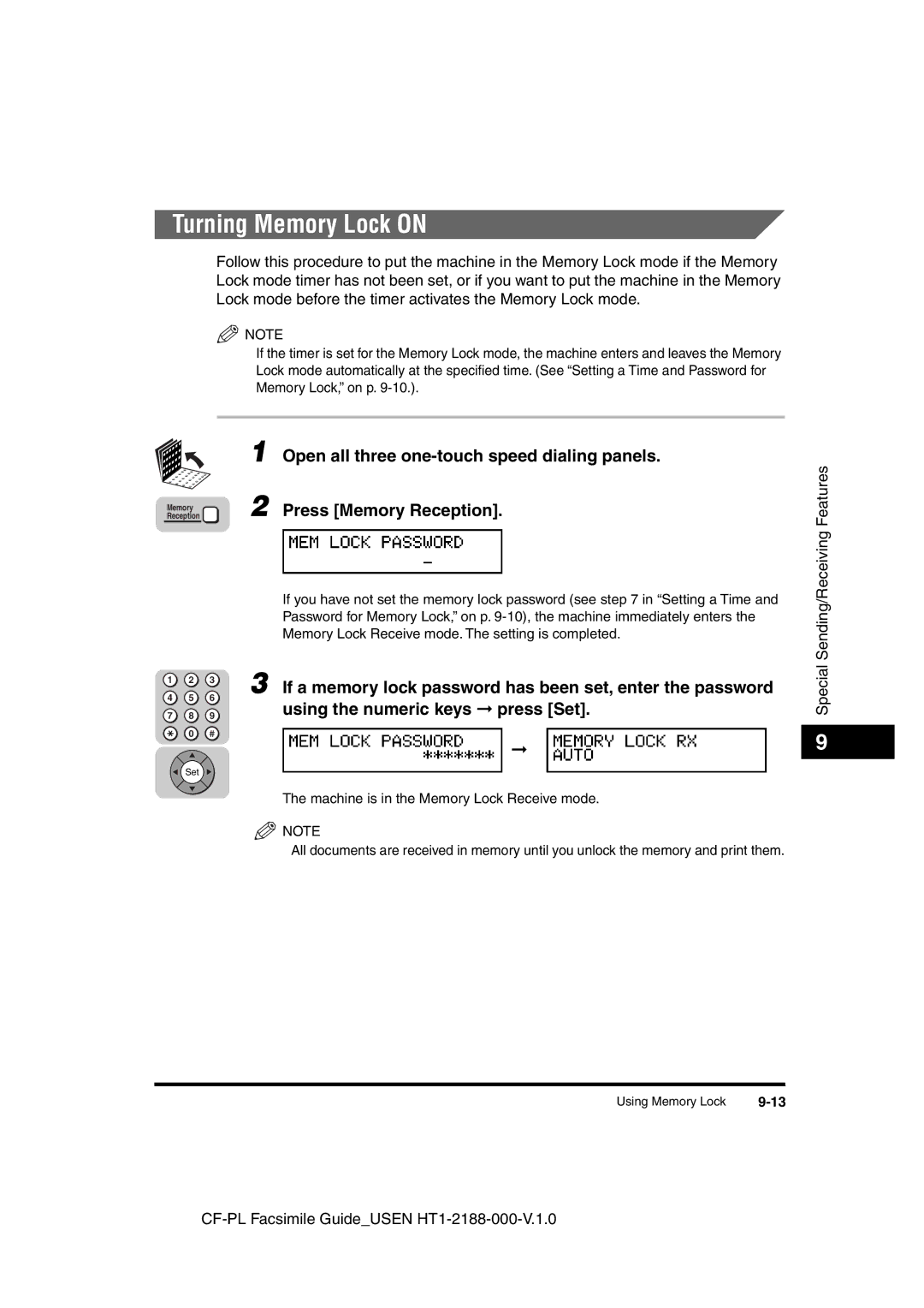 Canon 700 manual Turning Memory Lock on, Press Memory Reception, If a memory lock password has been set, enter the password 