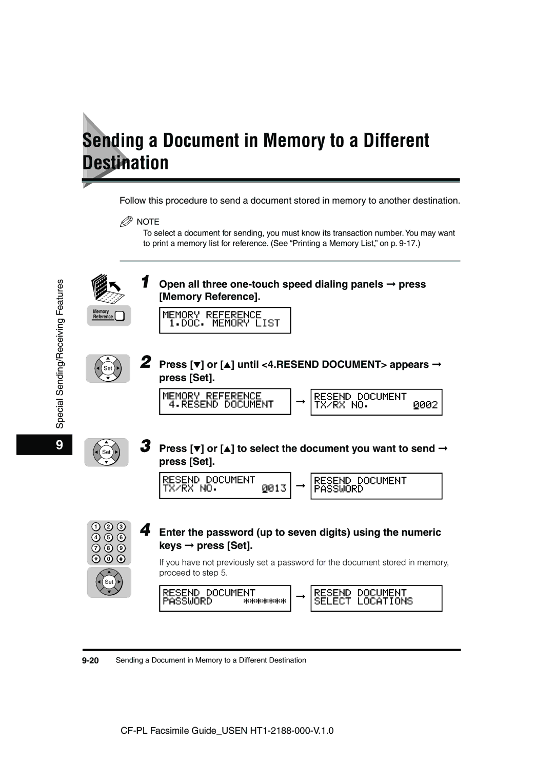 Canon 700 manual Sending a Document in Memory to a Different Destination, Press or until 4.RESEND Document appears 