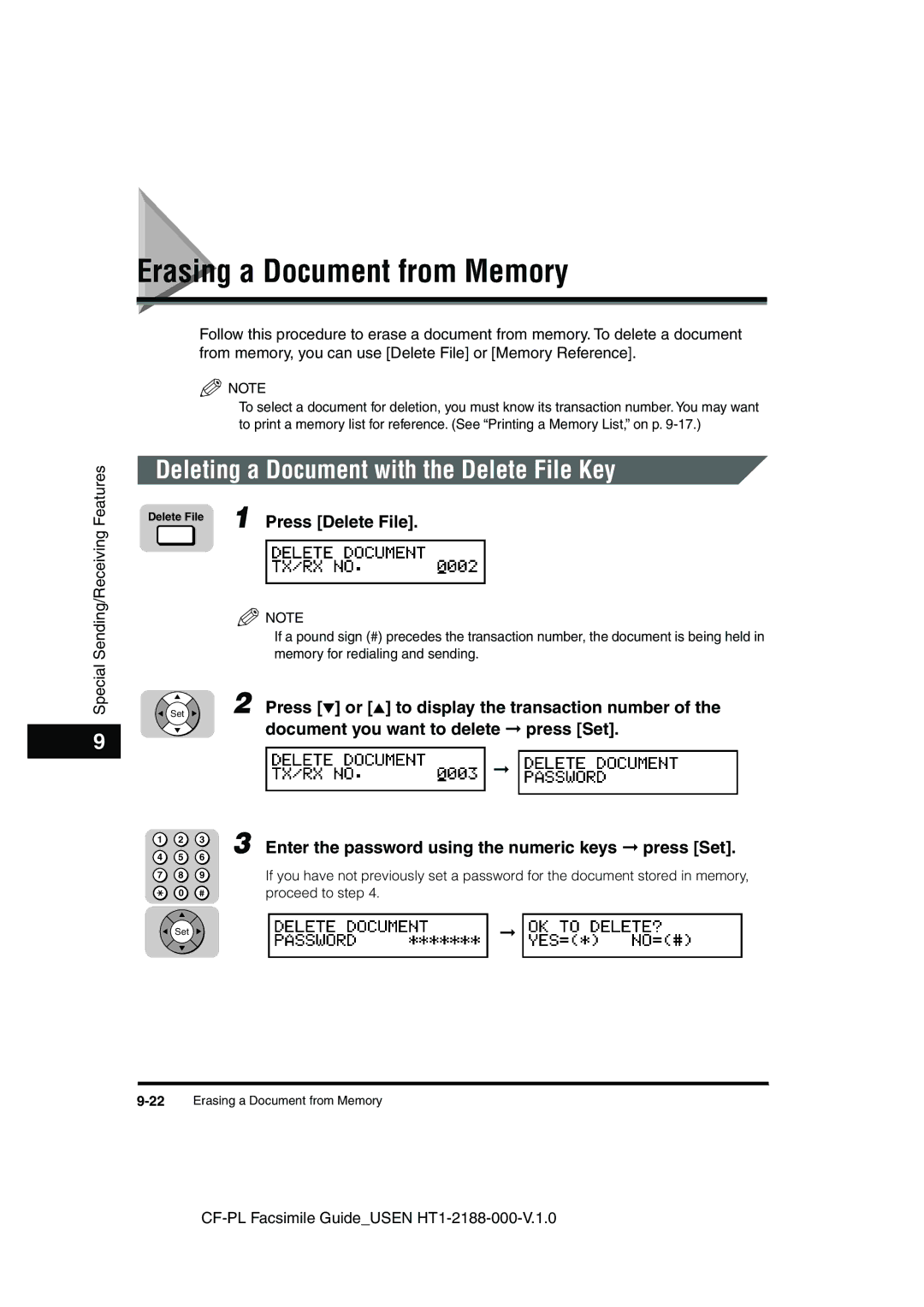 Canon 700 manual Erasing a Document from Memory, Deleting a Document with the Delete File Key, Press Delete File 