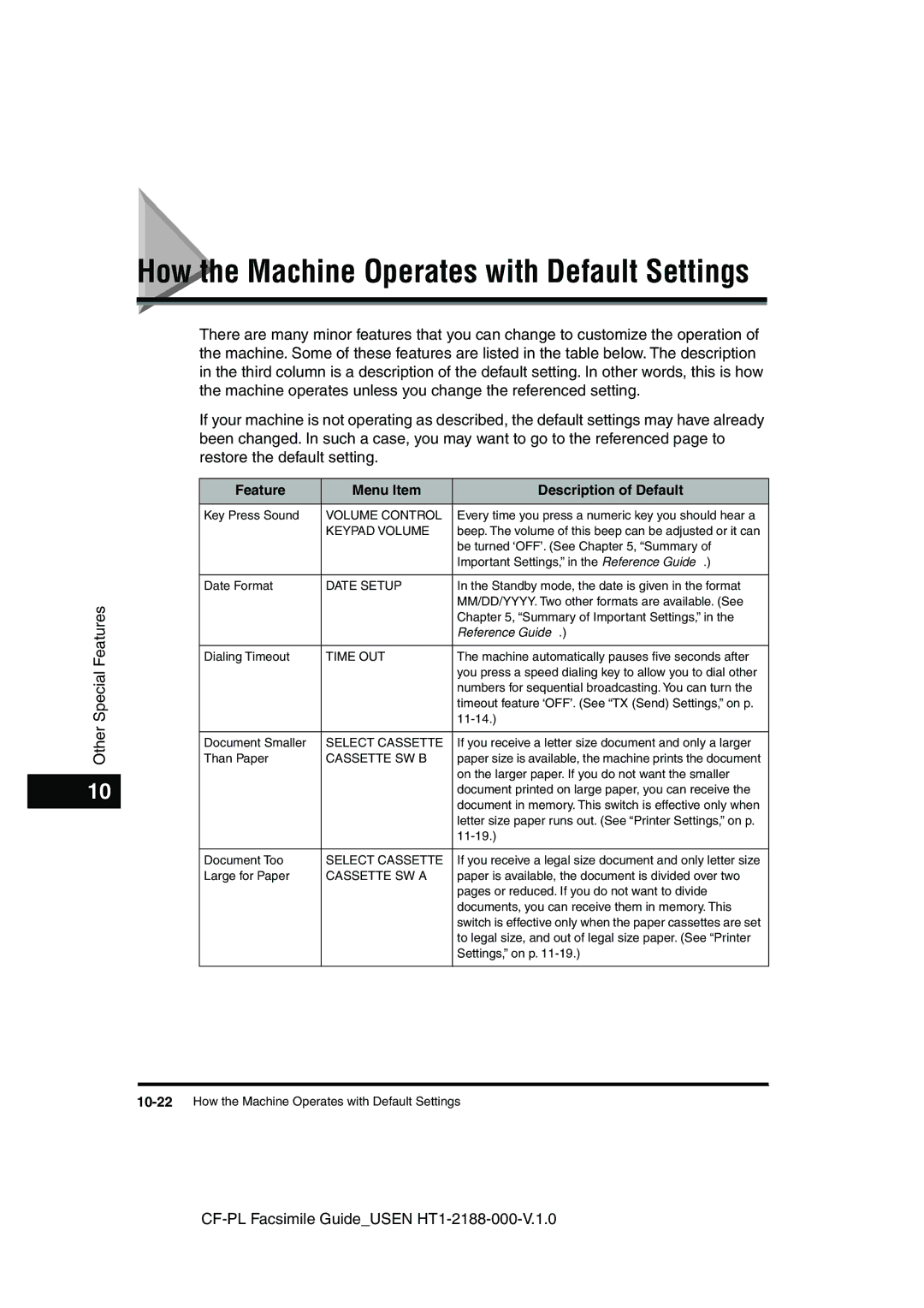 Canon 700 manual How the Machine Operates with Default Settings, Feature Menu Item Description of Default 