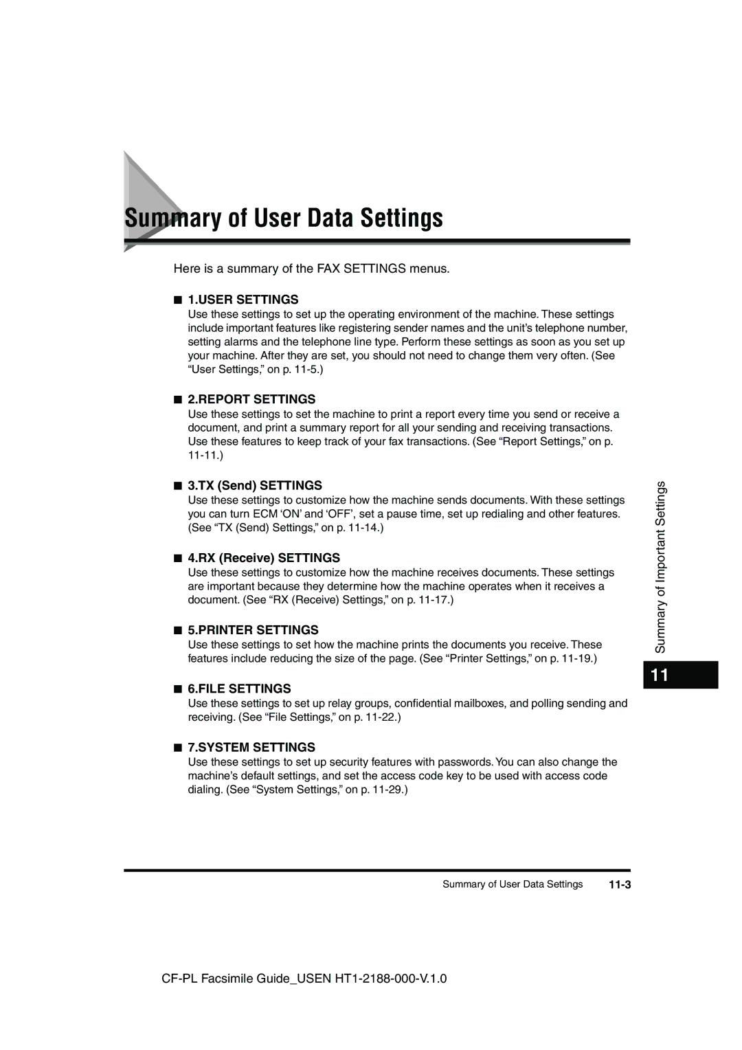 Canon 700 manual Summary of User Data Settings, TX Send Settings, RX Receive Settings, 11-3 