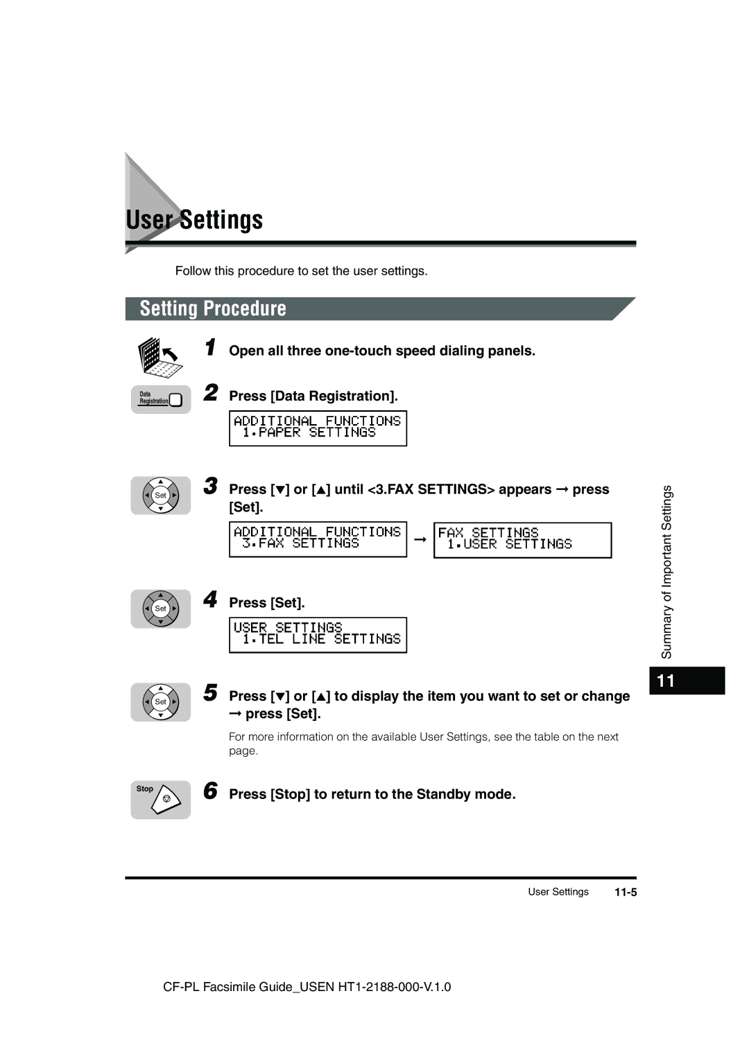 Canon 700 manual User Settings, Setting Procedure, 11-5 