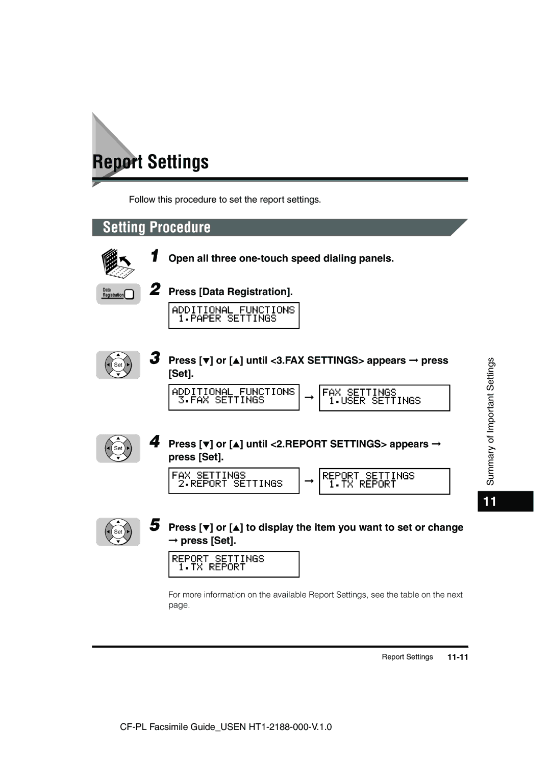 Canon 700 manual Report Settings, Press or until 2.REPORT Settings appears, 11-11 