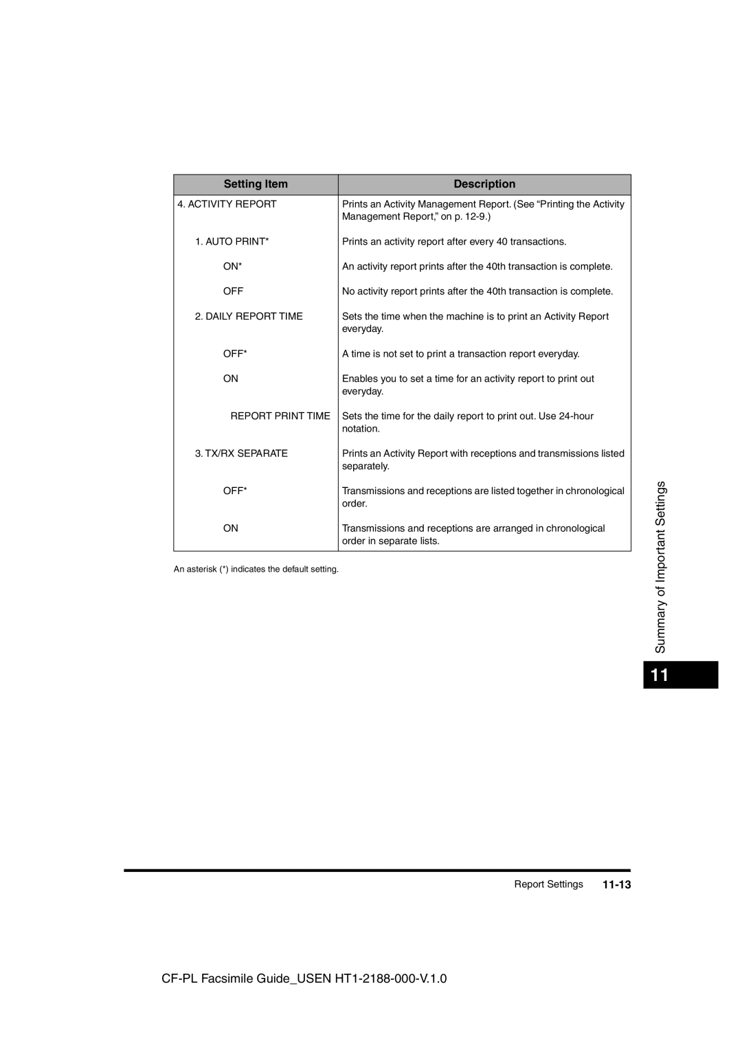 Canon 700 manual 11-13, Auto Print, Daily Report Time, Report Print Time, TX/RX Separate 