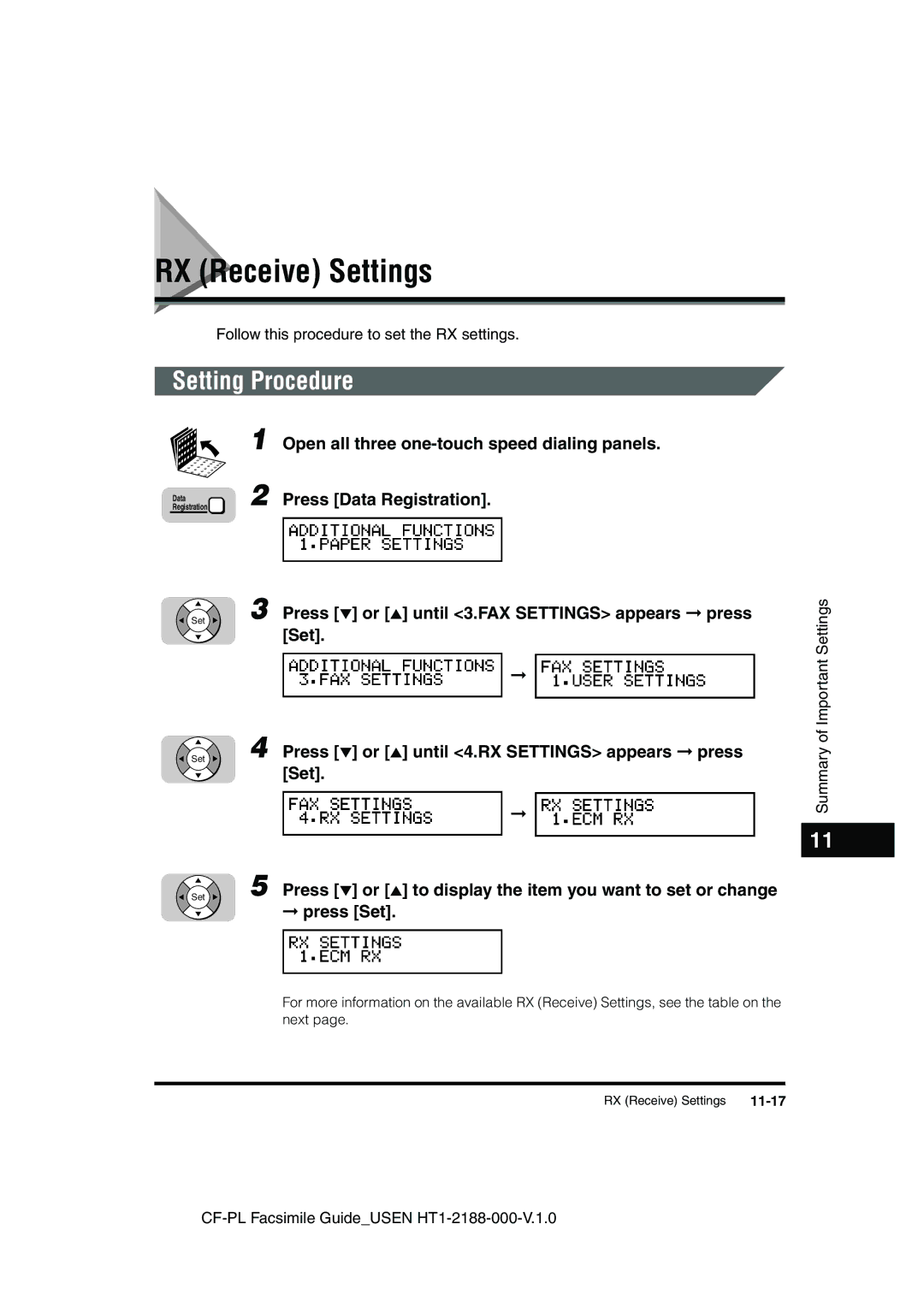 Canon 700 manual RX Receive Settings, 11-17 