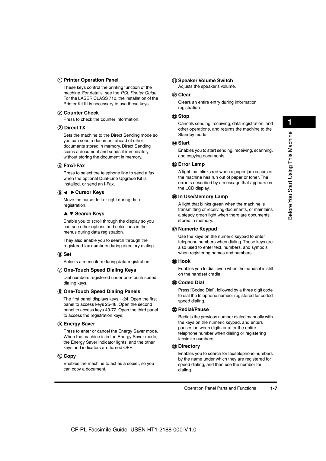 Canon 700 Printer Operation Panel, Counter Check, Direct TX, Fax/I-Fax, Cursor Keys, Search Keys, Set, Energy Saver, Copy 