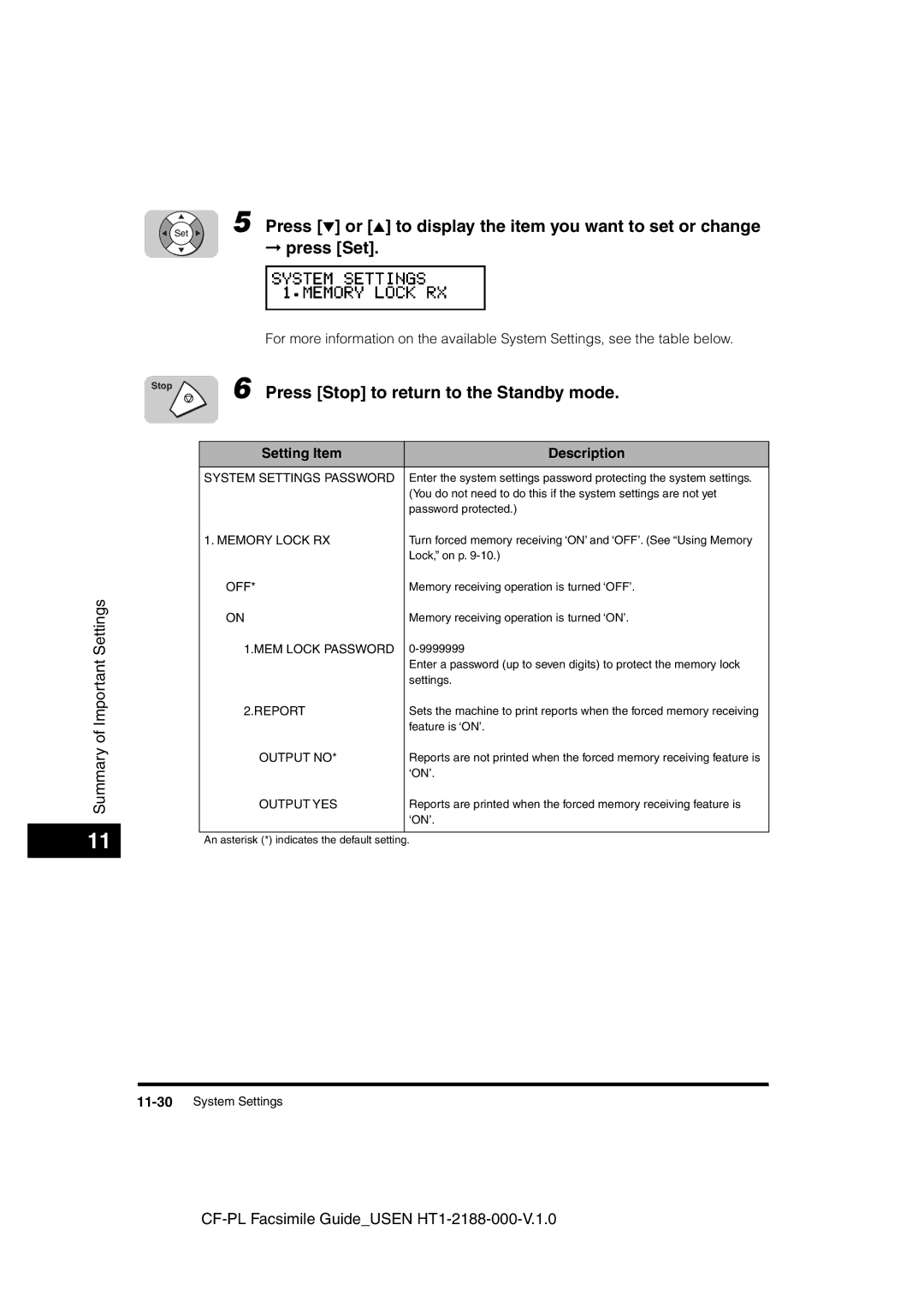 Canon 700 manual System Settings Password, Memory Lock RX 