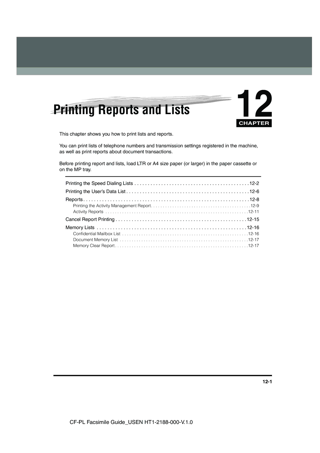 Canon 700 manual Printing Reports and Lists, 12-1 