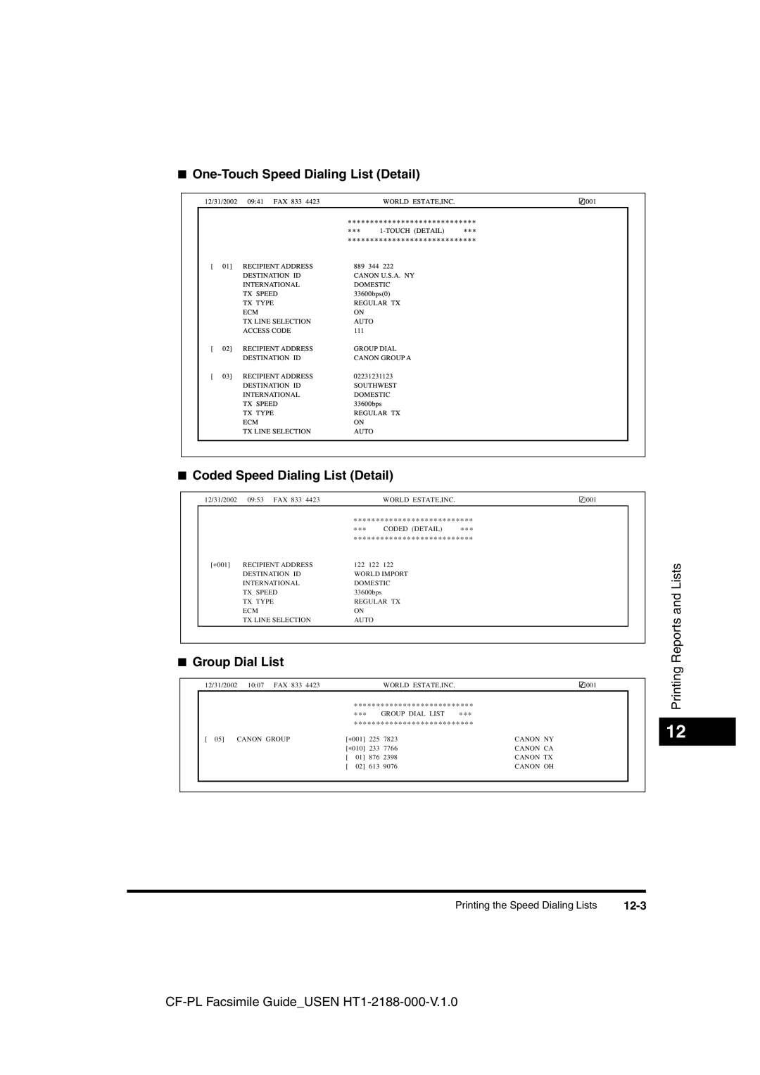 Canon 700 manual One-Touch Speed Dialing List Detail, Coded Speed Dialing List Detail, Group Dial List 