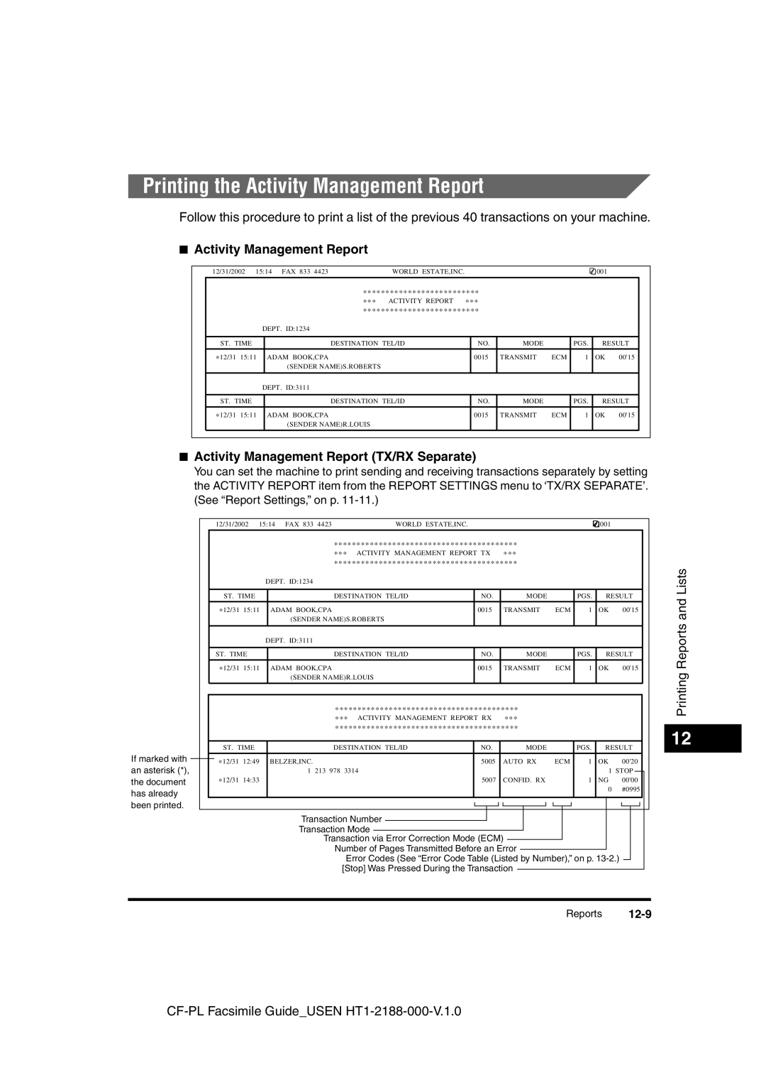 Canon 700 manual Printing the Activity Management Report, Activity Management Report TX/RX Separate 