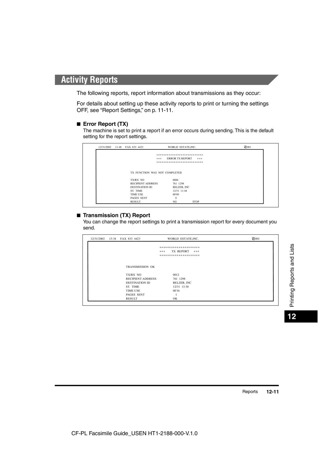 Canon 700 manual Activity Reports, Error Report TX, Transmission TX Report 