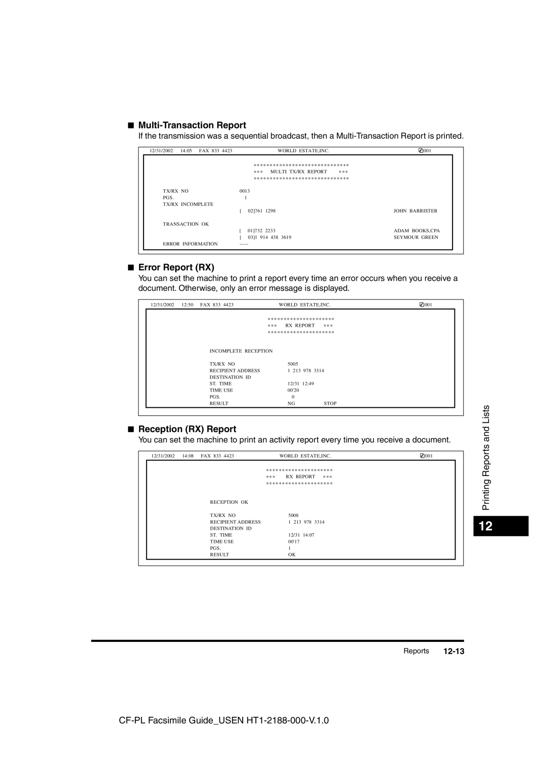 Canon 700 manual Multi-Transaction Report, Error Report RX, Reception RX Report 