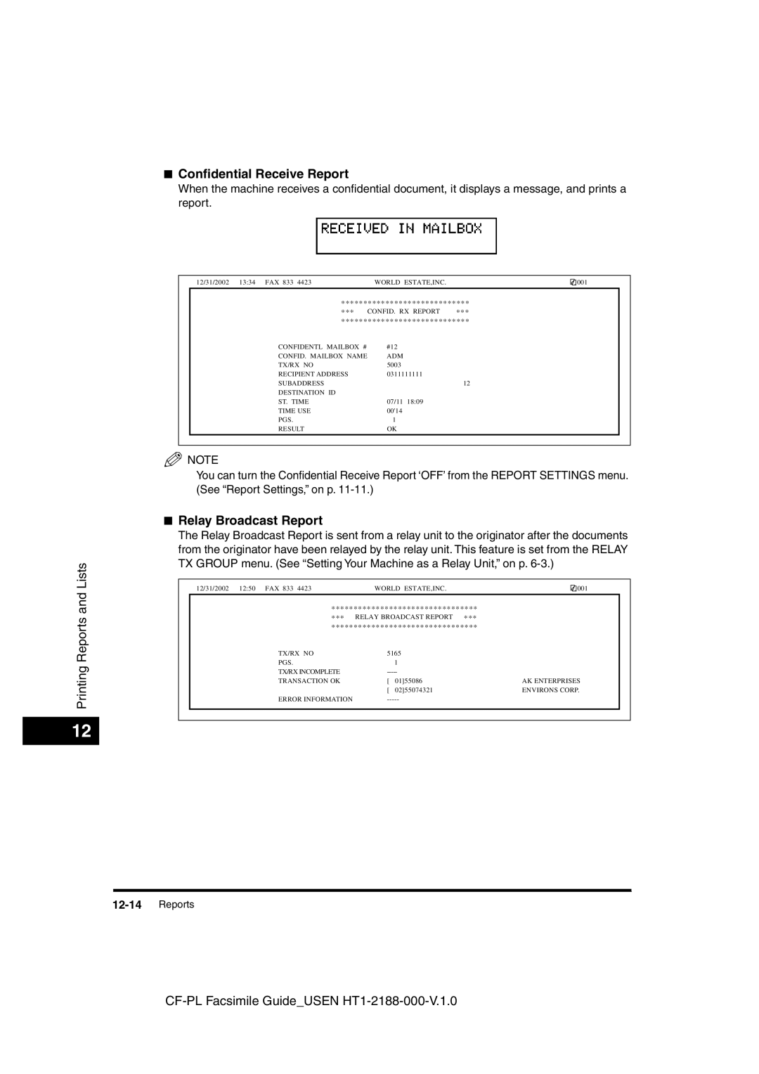 Canon 700 manual Conﬁdential Receive Report, Relay Broadcast Report 