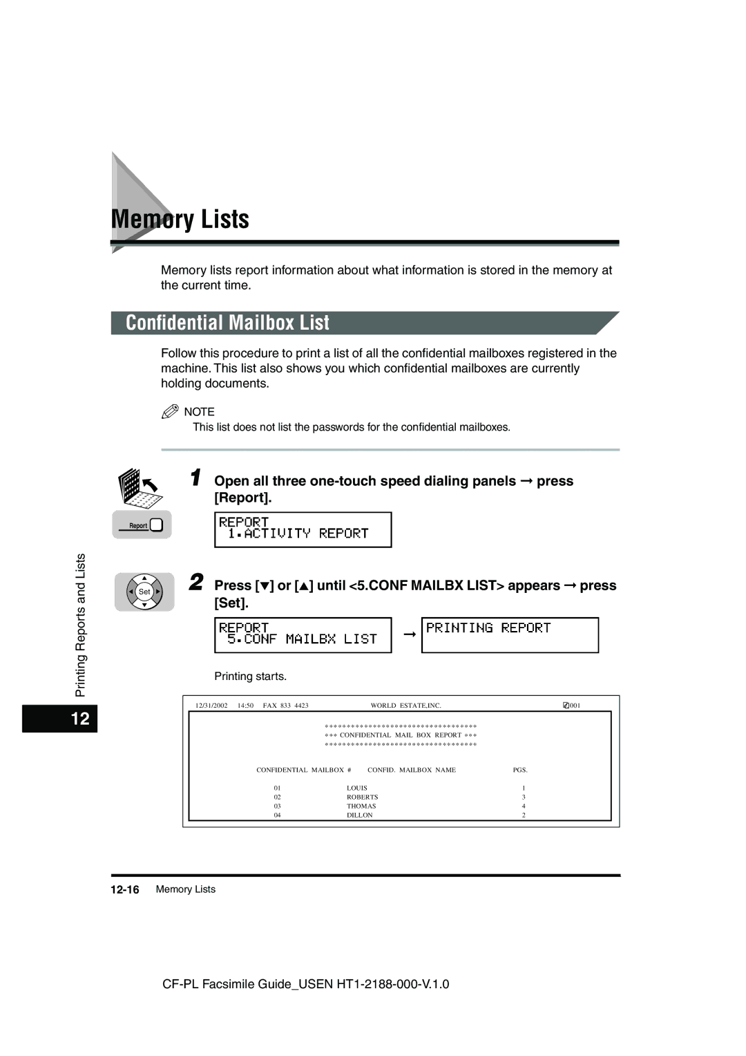 Canon 700 manual Memory Lists, Conﬁdential Mailbox List 