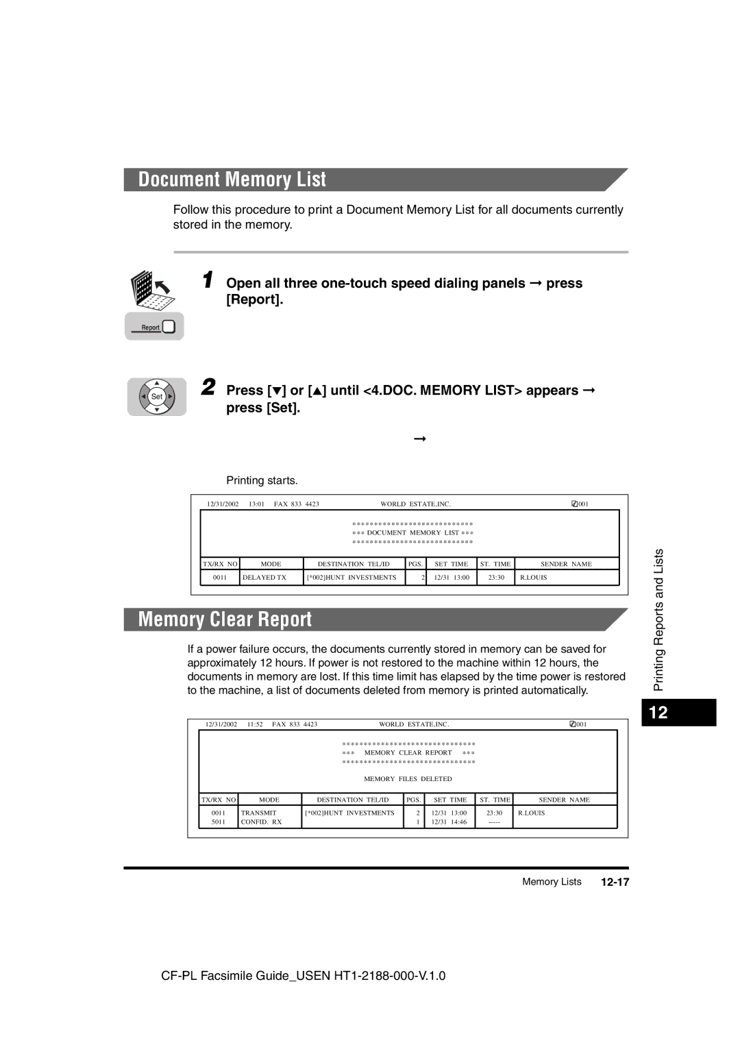 Canon 700 manual Document Memory List, Memory Clear Report, Press or until 4.DOC. Memory List appears, 12-17 