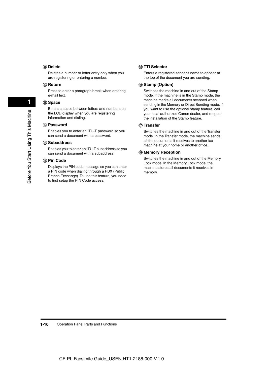 Canon 700 Delete, Return, Space, Password, Subaddress, Pin Code, TTI Selector, Stamp Option, Transfer, Memory Reception 