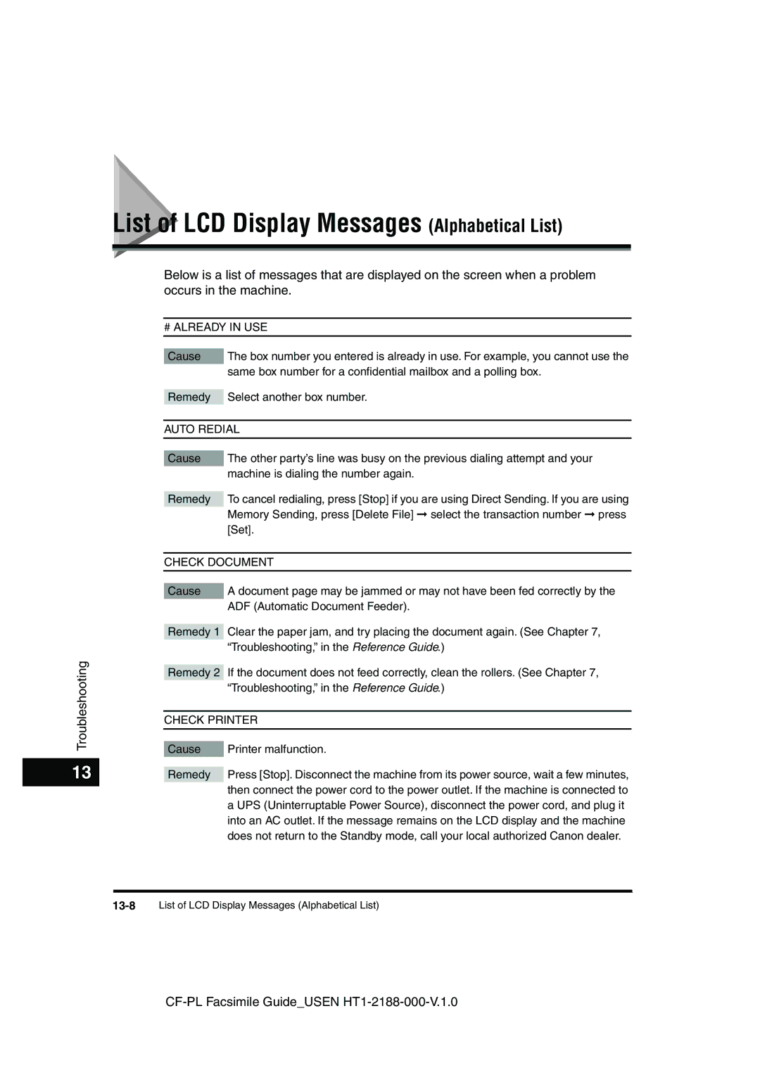 Canon 700 manual List of LCD Display Messages Alphabetical List, # Already in USE 