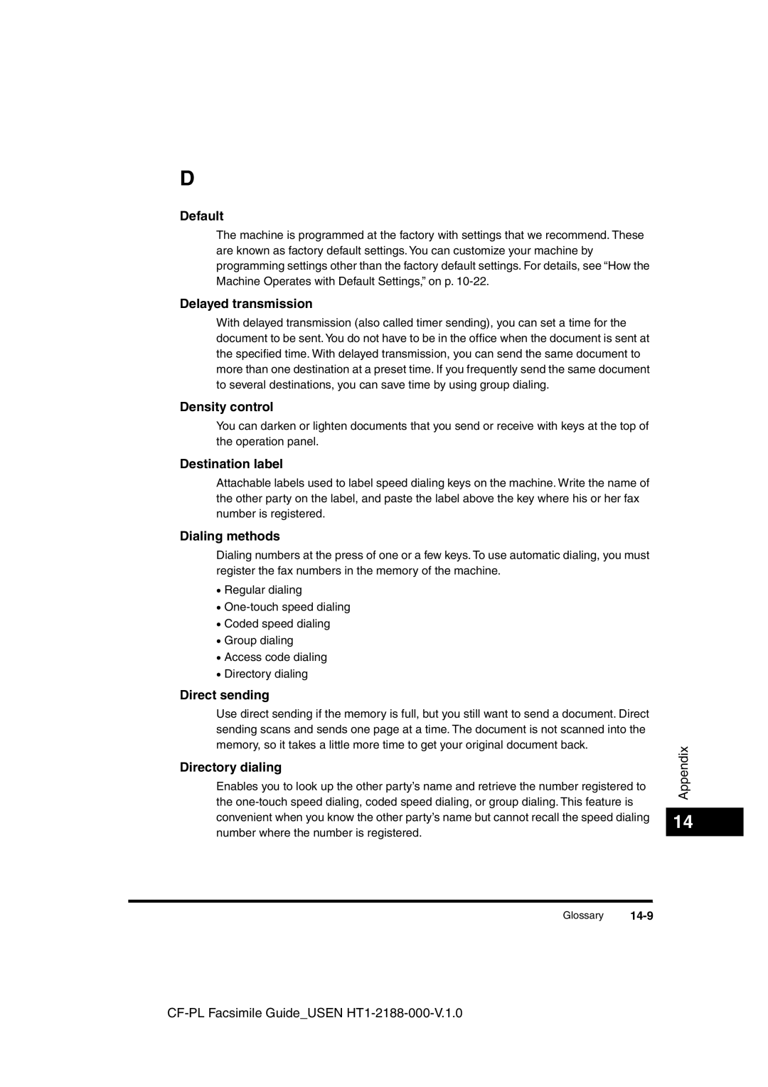 Canon 700 manual Default, Delayed transmission, Density control, Destination label, Dialing methods, Direct sending 