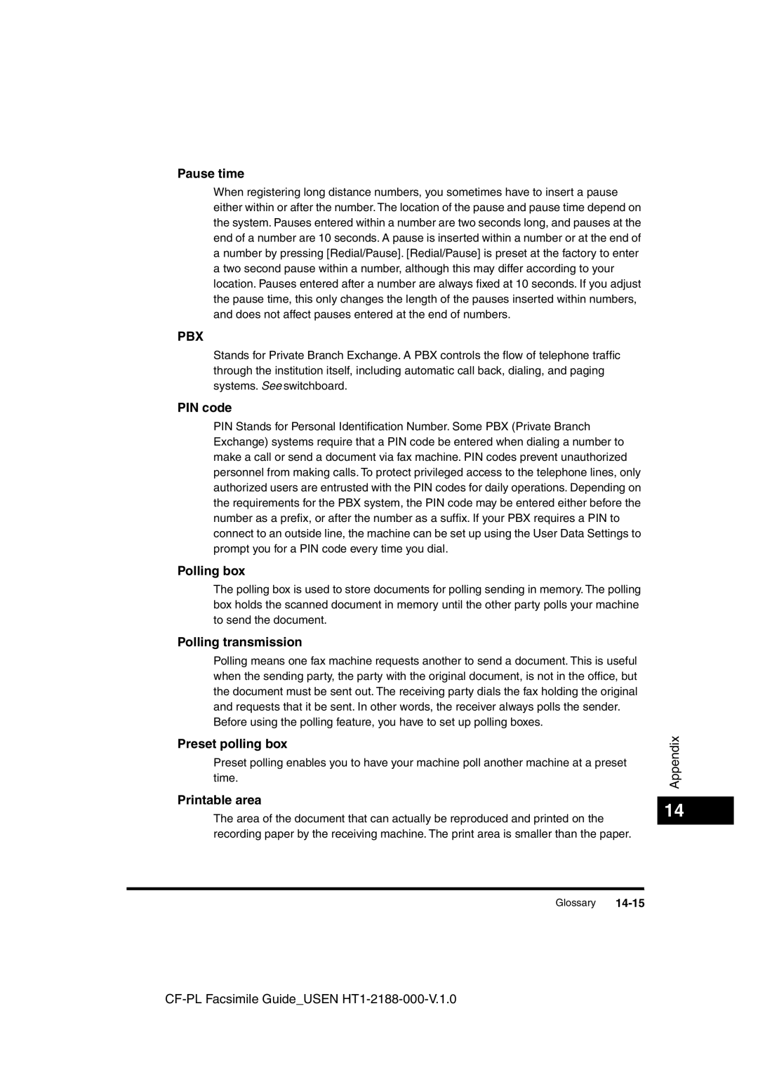 Canon 700 manual Pause time, PIN code, Polling box, Polling transmission, Preset polling box, Printable area 