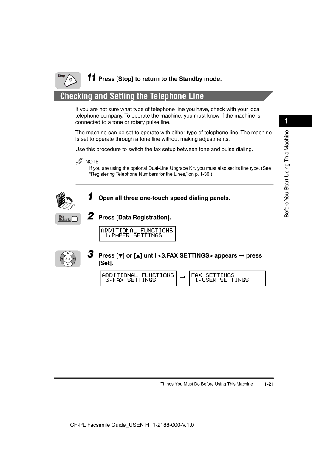 Canon 700 manual Checking and Setting the Telephone Line, Press Stop to return to the Standby mode 