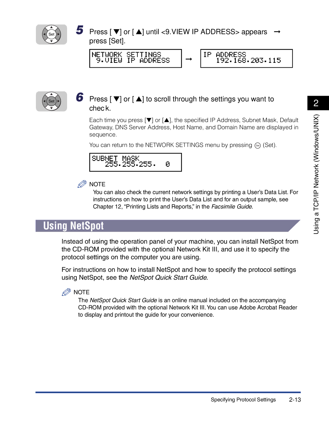 Canon 700 Using NetSpot, Press or until 9.VIEW IP Address appears, Press or to scroll through the settings you want to 