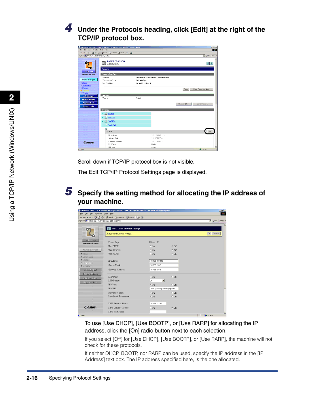 Canon 700 manual Using a TCP/IP Network Windows/UNIX 