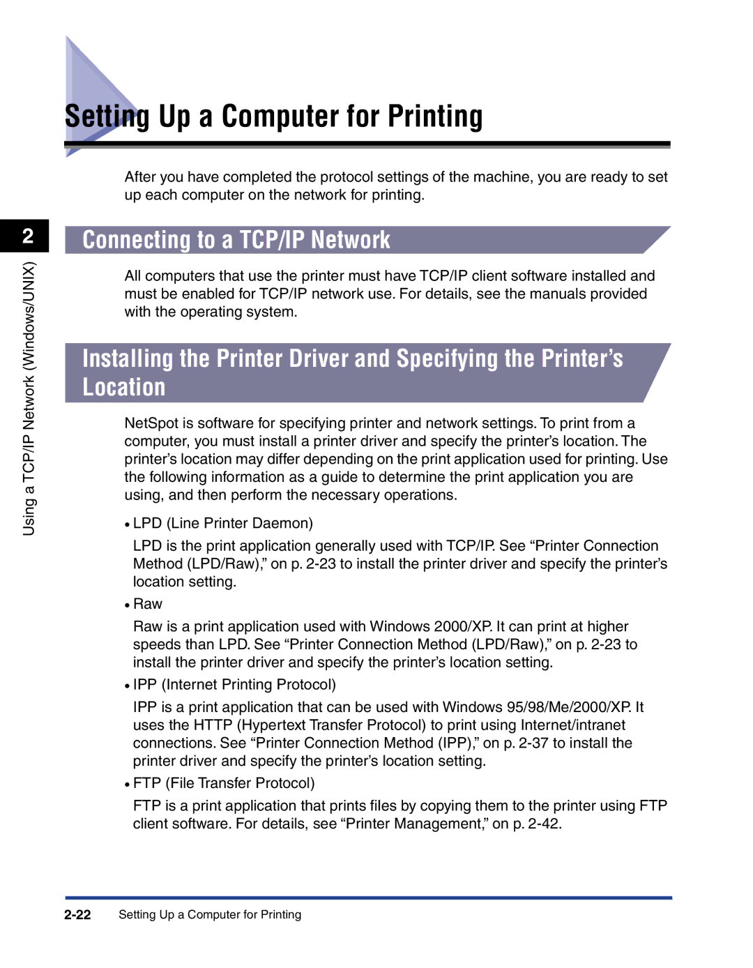 Canon 700 manual Setting Up a Computer for Printing, Connecting to a TCP/IP Network 