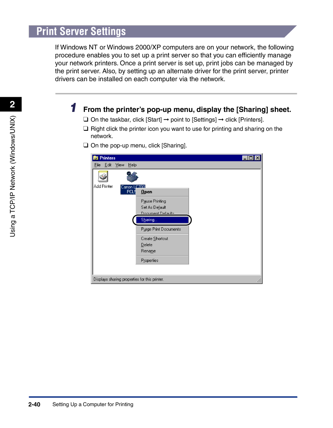 Canon 700 manual Print Server Settings, From the printer’s pop-up menu, display the Sharing sheet 